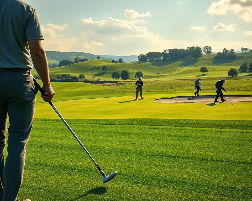 A breathtaking golf course nestled in rolling hills, lush green fairways and manicured putting greens. In the foreground, a golfer politely waits for their turn, club in hand, while their playing partners finish their shots. The middle ground shows players carefully raking a sand trap, respecting the course's pristine condition. In the background, caddies stroll alongside golfers, offering advice and carrying their bags with care. Warm, natural sunlight filters through wispy clouds, creating a serene, inviting atmosphere. The scene exudes a sense of decorum, etiquette, and reverence for the game of golf.