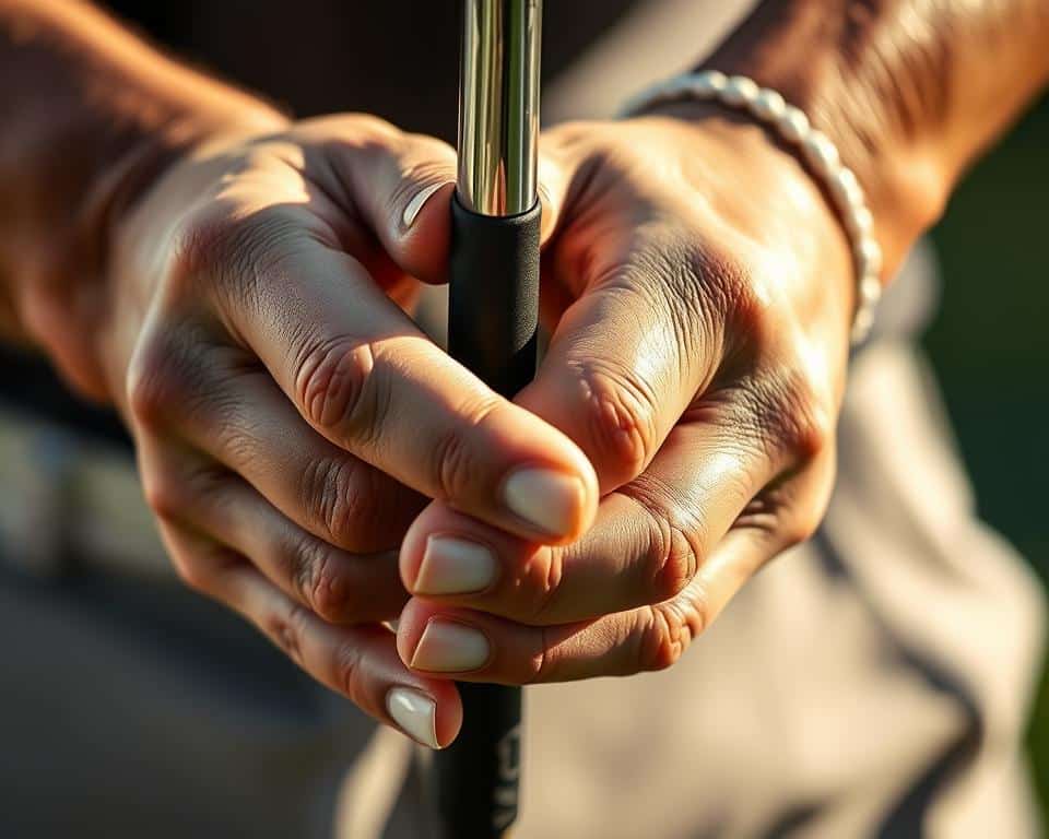 A close-up, ultra-realistic photograph of a golfer's hands gripping a golf club with precise control and focused tension. The fingers are tightly wrapped around the club, knuckles slightly protruding, while the palms maintain a balanced, firm pressure. Soft, natural lighting illuminates the scene, revealing the intricate textures of the skin and the subtle contours of the hands. The background is softly blurred, drawing the viewer's attention to the central subject and the nuanced mechanics of the golfer's grip.