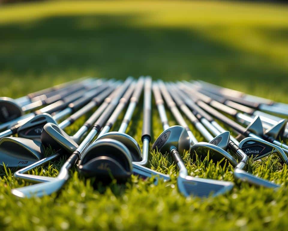 A collection of golf clubs lies atop a lush, grassy surface, illuminated by soft, natural sunlight. The foreground features a diverse array of club heads, including drivers, woods, irons, and putters, each with their unique designs and materials. In the middle ground, the shaft and grip of the clubs are visible, showcasing their construction and balance. The background is blurred, creating a sense of depth and focus on the clubs themselves. The scene conveys a sense of thoughtful contemplation, inviting the viewer to explore the intricacies and purpose of these essential golfing tools.