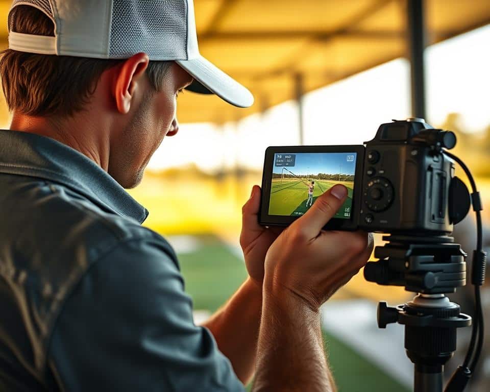 A golfer diligently analyzing their swing follow-through on a high-quality digital camera, with a clear focus on the clubhead's path and the body's positioning. The scene is captured in crisp detail, with a shallow depth of field that isolates the subject against a softly blurred background of a driving range or practice facility. Warm, natural lighting bathes the scene, creating a sense of immersion and intimacy as the golfer reviews the recorded footage, intent on perfecting their technique.