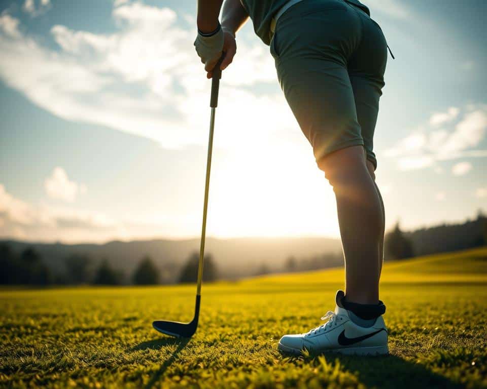 A golfer in perfect stance, knees bent, weight evenly distributed, club gripped firmly. The sun filters through wispy clouds, casting a warm glow over the lush, verdant fairway. A sleek, modern camera captures the scene, its telephoto lens compressing the depth, isolating the golfer in crisp focus. The background blurs into a dreamlike haze of rolling hills and distant trees. This serene, meditative moment encapsulates the essence of practicing the ideal golf stance - a fusion of physical technique and mental focus, honed through repetition on the course.