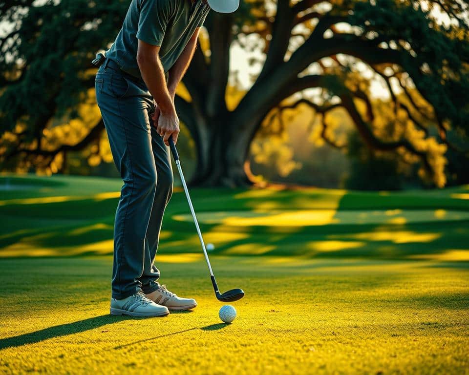 A golfer intently focuses, aligning their club with a meticulously positioned golf ball, set against a lush, verdant fairway bathed in warm, golden sunlight. The player's form is precise, their stance balanced, as they prepare to strike, capturing the essence of dedicated practice. In the background, a tranquil putting green invites further honing of skills, while a towering oak tree provides a natural backdrop, evoking a sense of timelessness and tradition. Shot with a high-quality DSLR camera and a 50mm lens, the image conveys a sense of depth and realism, highlighting the importance of consistent practice in the pursuit of golfing excellence.