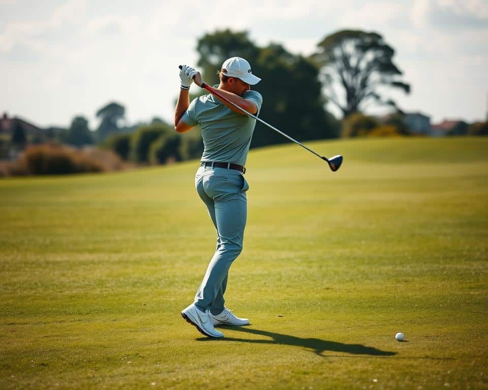 A golfer performing shoulder turn drills on a lush, green fairway. The scene is captured in natural daylight with a shallow depth of field, using a professional DSLR camera with a medium telephoto lens. The golfer is in the center of the frame, intently focused on the drill, their upper body rotating in a smooth, controlled motion. The background is slightly blurred, creating a sense of depth and drawing the viewer's attention to the golfer's technique. The overall mood is one of quiet concentration and attention to detail, reflecting the importance of the shoulder turn in the golf swing.