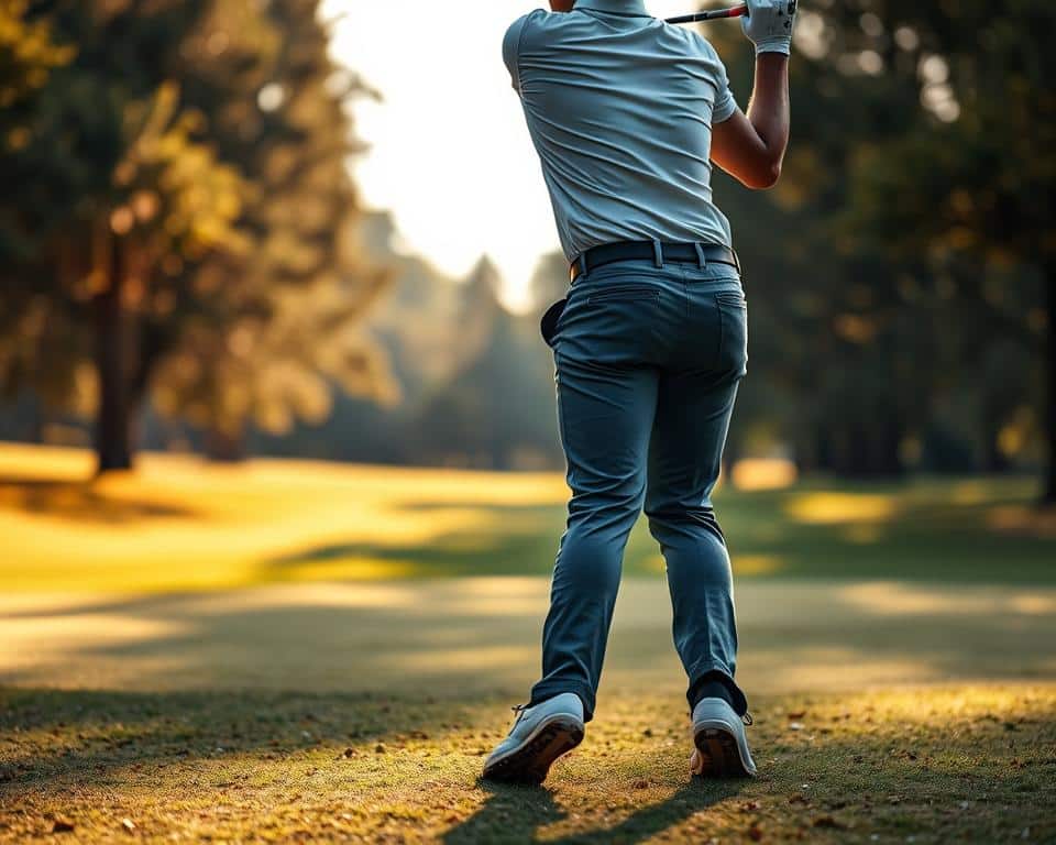 A golfer standing on a golf course, focusing intently on their swing. The camera is positioned slightly behind the golfer, capturing their hip rotation as they shift their weight and coil their body for the backswing. Soft, natural lighting filters through the trees, casting warm shadows across the scene. The golfer's form is precise, their muscles engaged as they prepare to unleash a powerful drive. The background is blurred, emphasizing the golfer's movement and the importance of hip rotation in achieving maximum distance.