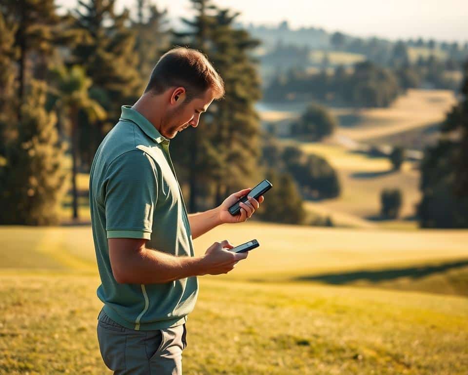 A golfer standing on a lush fairway, intently studying data on a sleek, high-tech golf GPS device. In the background, a panoramic view of a well-manicured golf course, with rolling hills and towering trees. Warm, natural lighting bathes the scene, accentuating the golfer's focus and the advanced technology in their hands. The image conveys a sense of seamless integration between the traditional game of golf and the modern tools that enhance the playing experience.