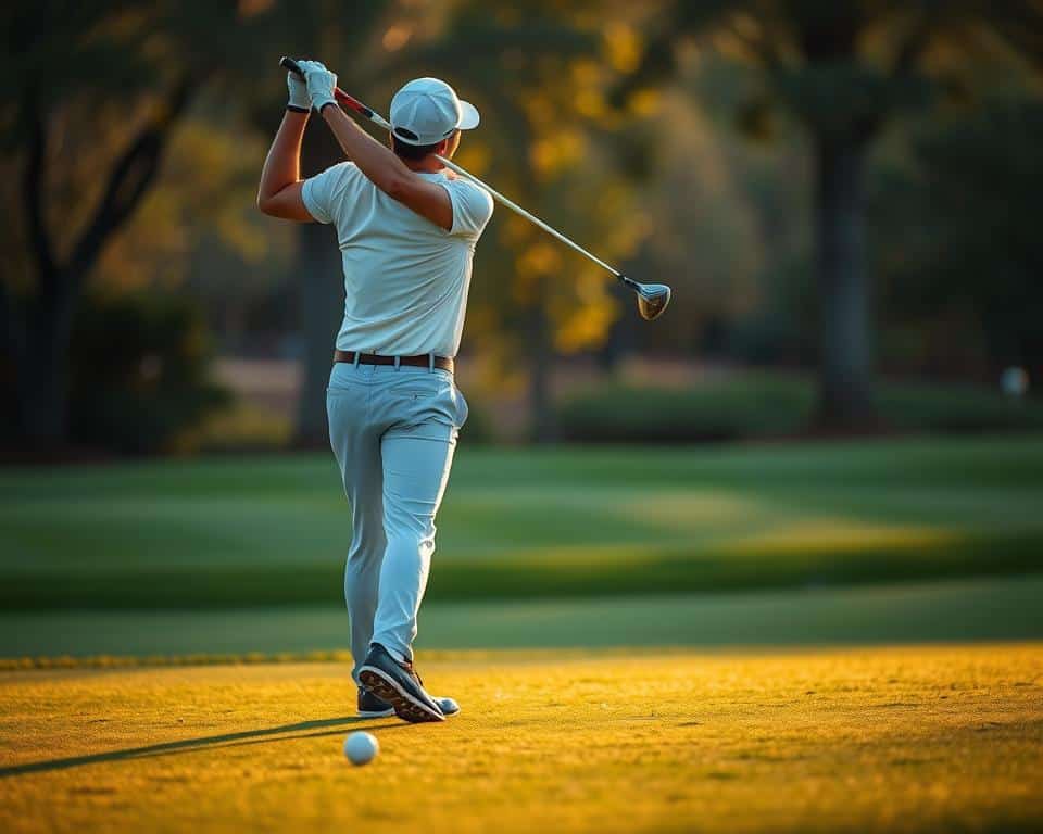 A golfer standing on a well-manicured fairway, their body in perfect alignment as they gracefully swing their club, maintaining a consistent tempo throughout the motion. The soft, warm light of the golden hour bathes the scene, casting a gentle glow on the player's face and the lush, green grass underfoot. The scene is captured with a high-quality DSLR camera, using a telephoto lens to isolate the golfer and create a shallow depth of field, blurring the background and drawing the viewer's attention to the smooth, rhythmic swing. The overall atmosphere conveys a sense of focus, control, and the peaceful tranquility of the game.