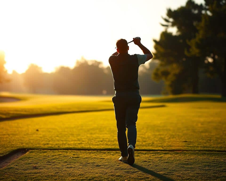 A golfer stands alone on a lush, well-manicured practice range, their silhouette sharply defined against the golden light of the setting sun. The player's focus is intense as they meticulously go through their swing, each movement fluid and precise, captured by a high-quality DSLR camera with a 70-200mm telephoto lens. The background is softly blurred, emphasizing the subject and their solitary routine. The atmosphere is one of calm determination, the golfer's dedication to honing their skills evident in every stroke.