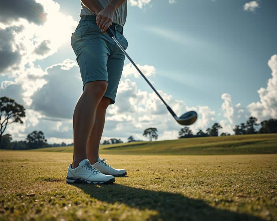 A golfer stands firmly on the ground, weight evenly distributed, knees slightly bent. Muscles engage as they swing an iron club, generating powerful energy transfer from the lower body. Sunlight filters through clouds, casting dynamic shadows on the fairway. The camera captures the motion in crisp detail, using a fast shutter speed and wide-angle lens to convey the dynamic scene. The golfer's focused expression and controlled swing exemplify the technique of utilizing ground forces to optimize iron play for improved distance and accuracy.