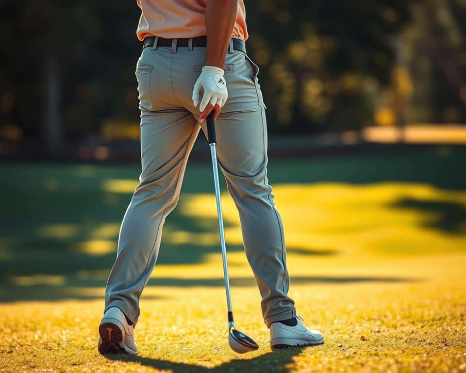 A golfer stands in a well-balanced stance, with feet shoulder-width apart, knees slightly bent, and weight evenly distributed. The hands grip the club firmly, with the dominant hand's thumb pointing down the shaft and the non-dominant hand's thumb and forefinger forming a 'V' pointing towards the dominant shoulder. The torso is turned slightly, the hips and shoulders aligned, and the spine is straight but relaxed. The golfer's gaze is focused on the ball, the expression one of concentration and determination. Warm, natural sunlight bathes the scene, casting soft shadows and highlights that accentuate the golfer's form and the club's contours.