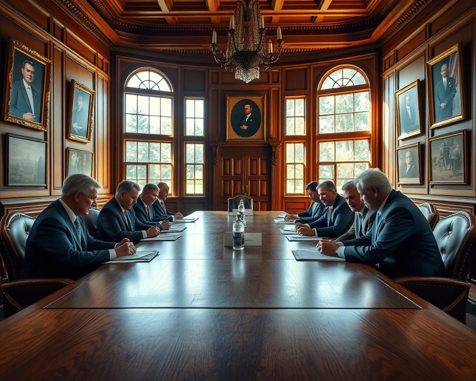 A grand conference room with a polished oak table, where representatives from the governing bodies of golf are gathered. The room is illuminated by natural light filtering through large windows, casting a warm, authoritative glow. Portraits of past golf legends adorn the walls, and a sense of history and tradition permeates the scene. In the foreground, the committee members, dressed in tailored suits, lean in attentively as they discuss the latest regulations for golf clubs. The mood is one of serious deliberation, as these decision-makers shape the future of the sport.