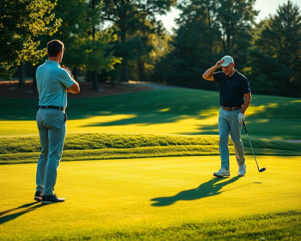 A groundskeeper meticulously trims the lush, verdant fairway, ensuring the golf course's immaculate presentation. The sun's warm rays cast a soft, natural glow, highlighting the intricate patterns of the freshly mowed grass. In the foreground, a golfer pauses to respectfully nod in acknowledgment of the groundskeeper's hard work, conveying an appreciation for the dedication and attention to detail that preserves the course's pristine condition. The serene atmosphere and harmonious interaction between the golfer and the maintenance staff embody the essence of golf etiquette and respect for the game's surroundings.