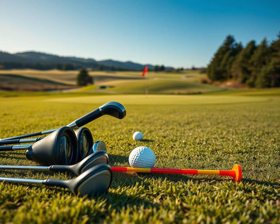 A high-resolution photograph of various visual aids for golfers, captured with a Canon EOS R5 camera and an EF 24-70mm f/2.8L II USM lens. The foreground features a set of golf clubs, a golf ball, and a colored alignment stick placed on a lush, green grass surface. The middle ground showcases a putting green with clear marking lines and a hole flag in the distance. The background depicts a picturesque golf course with rolling hills, towering trees, and a clear, blue sky. The lighting is natural and evenly distributed, creating a warm, inviting atmosphere. The overall composition emphasizes the importance of visual cues and alignment tools in improving a golfer's grip and swing.
