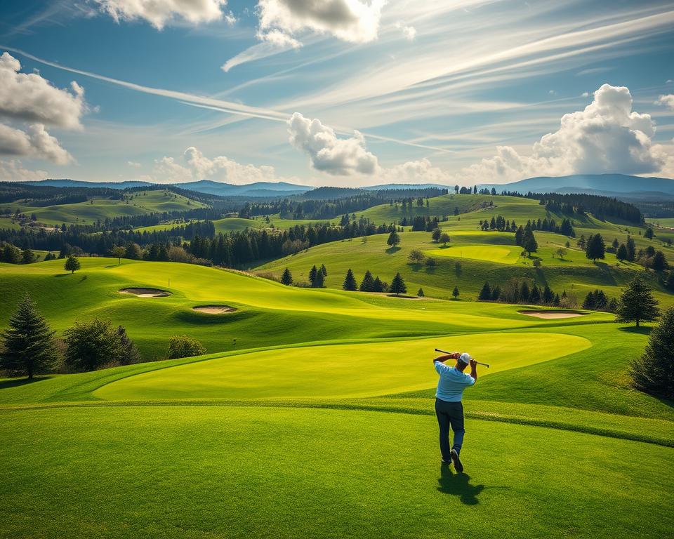 A lush, sprawling golf course nestled in rolling hills, sunlight gently filtering through wispy clouds. In the foreground, a golfer stands on a tee box, club in hand, eyeing the fairway ahead. The fairway winds gracefully through the landscape, its emerald green hues complemented by the surrounding trees and bunkers. In the distance, the course scales upward, fairways and greens winding through the undulating terrain, offering a range of challenges for players of all skill levels. The scene exudes a sense of tranquility and natural harmony, inviting the golfer to take in the beauty of the course and adapt their game accordingly.