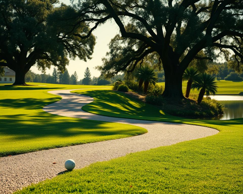 A meticulously detailed, ultra-realistic photograph in natural lighting showcasing a lush golf course fairway with a prominent cart path winding through it. The path is made of compacted gravel, gently curving and partially obscured by verdant grass and well-maintained foliage. Sunlight filters through wispy clouds, casting warm, gentle shadows across the scene. In the foreground, a stray golf ball rests near the edge of the path, hinting at the game being played. The middle ground features towering oak trees and well-manicured rough, while the background reveals a tranquil pond reflecting the serene landscape. An atmospheric, 4K-quality image that captures the essence of a golf course's cart path and the rules surrounding relief situations.
