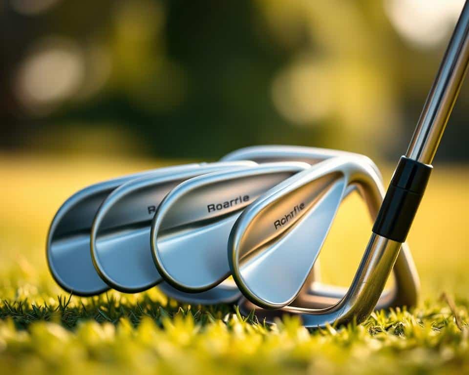 A precisely detailed set of high-quality golf wedges, meticulously arranged against a softly focused, natural background. The wedges are depicted in a warm, natural lighting, showcasing their sleek designs and intricate grooves. The image conveys a sense of sophistication and the essential role these specialized clubs play in the golfer's short game repertoire. The wedges are positioned to highlight their unique characteristics, inviting the viewer to appreciate the craftsmanship and importance of these essential golfing tools.