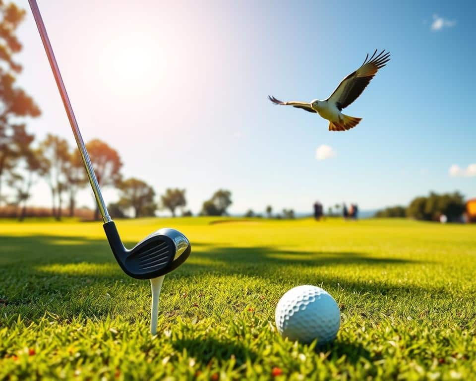 A pristine golf course on a sunny day, the vibrant green fairway winding through the lush landscape. In the foreground, a golf ball rests on the tee, the player's club poised mid-swing, capturing the moment of an exceptional shot. In the distance, an eagle soars high above, its majestic wings outstretched, while a group of golfers celebrate an elusive albatross. The scene exudes a sense of accomplishment and the thrill of the game, embodying the essence of "Intermediate Golf Terms to Enhance Your Game".