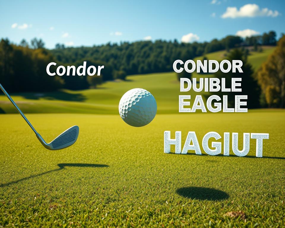 A pristine golf course, sun-dappled and lush, with a manicured fairway winding through verdant hills. In the foreground, a meticulously rendered golf ball hovers mid-flight, its trajectory tracing a graceful arc toward the distant hole. Surrounding it, a series of golfing equipment and terminology float in a dream-like arrangement: a shiny driver, a neatly stacked pile of golf clubs, and the words "Condor," "Double Eagle," and "Hole-out" manifesting in intricate, three-dimensional text. The scene is captured with a sharp, cinematic focus, evoking the thrill and precision of the game. Subtle shadows and highlights accentuate the depth and realism, creating a captivating and visually engaging illustration of these unique golf terms.