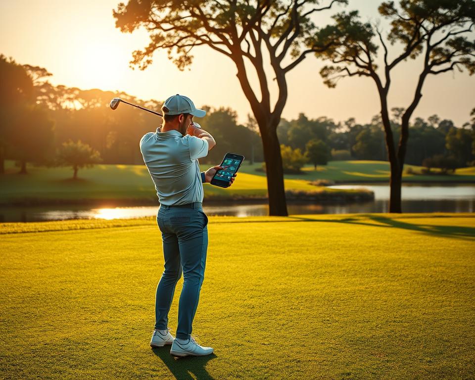 A professional golfer standing on a meticulously manicured fairway, examining data from a sleek, high-tech golf swing analysis device. The sun casts a warm, golden glow, illuminating the golfer's focused expression as they review the intricate details of their backswing. In the background, a lush, verdant landscape dotted with towering trees and a tranquil lake creates a serene, picturesque setting. Captured with a Nikon D850 DSLR and a 24-70mm f/2.8 lens, the image showcases the seamless integration of cutting-edge technology and the timeless sport of golf.