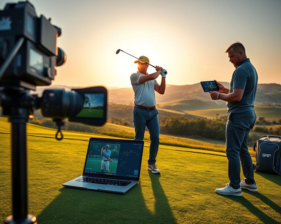 A professional video analysis session for improving a golfer's swing mechanics. The scene depicts a golfer wearing a polo shirt and slacks, standing on a lush green fairway. In the foreground, a high-speed camera captures their swing in crisp detail, freeze-framing key moments. In the middle ground, a technician reviews the footage on a laptop, using digital analysis tools to identify areas for improvement. The background features a serene landscape with rolling hills, a cloudless sky, and the sun casting a warm glow. The overall mood is one of focused, data-driven refinement, with the golfer and analyst collaborating to fine-tune the swing and eliminate a persistent slice.
