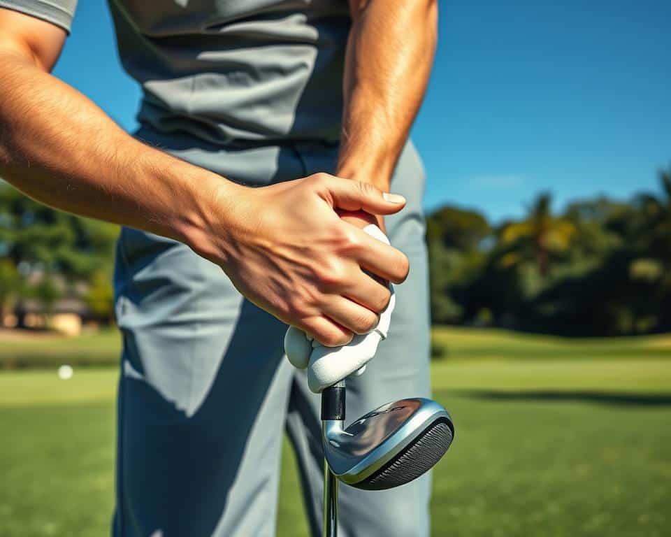 A right-handed golfer demonstrating a proper grip on a golf club in natural outdoor lighting. The hand positions are clearly visible, with the dominant hand overlapping the pinky and the non-dominant hand wrapping around the grip. The club's shaft is angled slightly upwards, conveying the correct wrist and forearm alignment. The golfer's stance is balanced, with the weight distributed evenly on both feet. The background features a lush, verdant golf course with a clear blue sky overhead, creating a serene and aspirational atmosphere.
