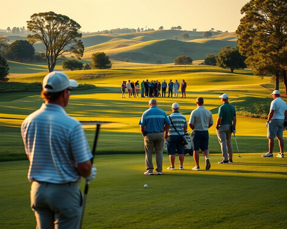 A serene golf course scene with players mindfully maintaining etiquette on a busy day. In the foreground, a golfer patiently waits for the group ahead to clear the fairway, displaying consideration for others. The middle ground showcases a diverse group of players respectfully allowing faster groups to play through, ensuring the pace of play remains steady. In the background, neatly manicured greens and rolling hills create a picturesque landscape, captured in natural, golden-hour lighting. The atmosphere conveys a sense of tranquility and mutual understanding among the players, promoting an enjoyable golfing experience for all.