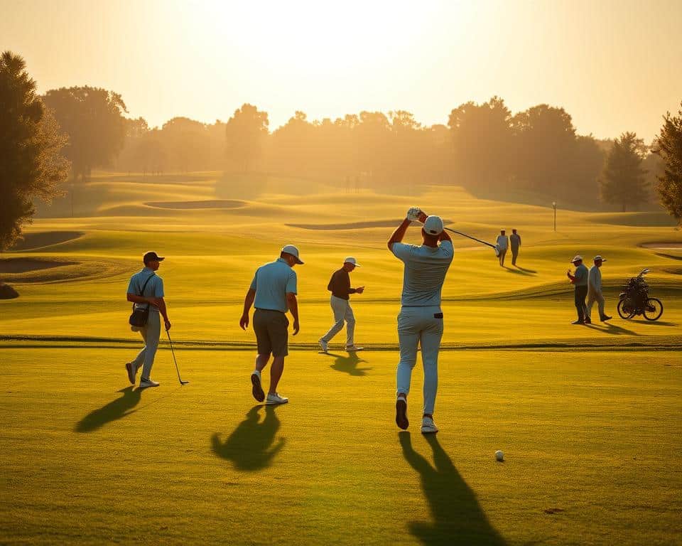 A serene golf course, the sun's golden rays illuminating the lush green fairways. In the foreground, a group of golfers, their posture and movements exuding the graceful etiquette of the sport. The middle ground showcases a player carefully teeing off, their swing fluid and controlled. In the background, other players stroll the course, their demeanor reflecting the tranquility and discipline required in this genteel pursuit. The scene is captured in an ultra-realistic photo, with 4K detail that preserves the natural lighting and verdant beauty of the setting.