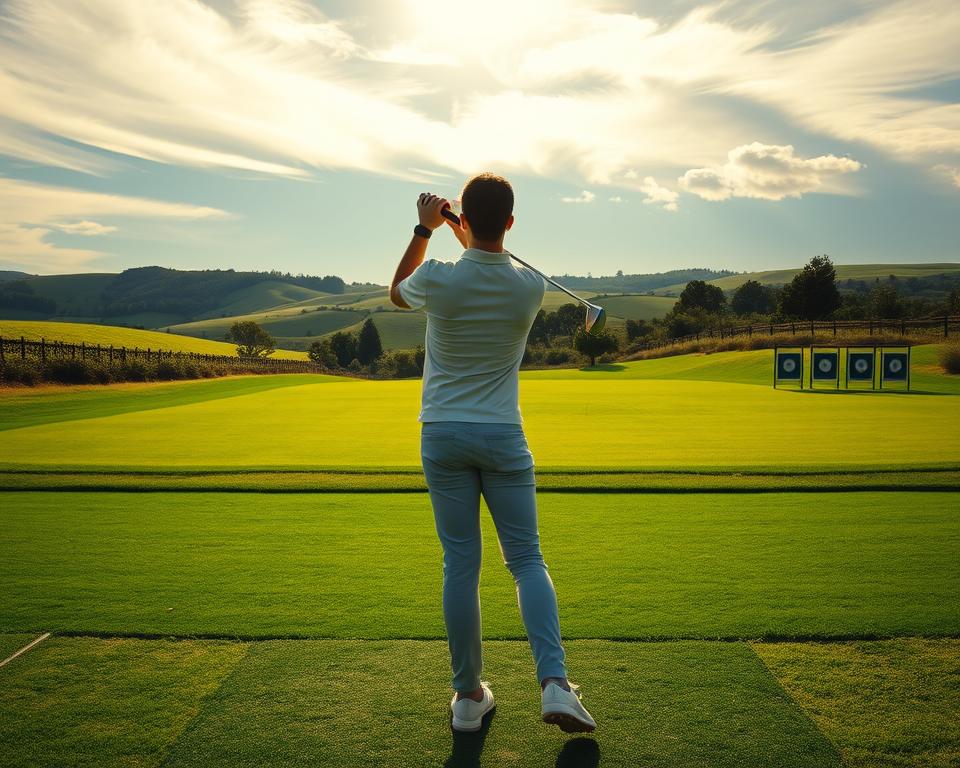 A serene golf practice range with neatly groomed fairways and lush, verdant grass. In the foreground, a beginner golfer stands ready, grip firmly on a sleek, modern driver, preparing to tee off. Sunlight filters through wispy clouds, casting a warm, natural glow over the scene. The middle ground features a line of target markers, guiding the player's swing. In the distance, rolling hills and a scattering of trees frame the practice area, creating a peaceful, countryside atmosphere. Ultra-realistic photo in natural lighting, 4k detail.