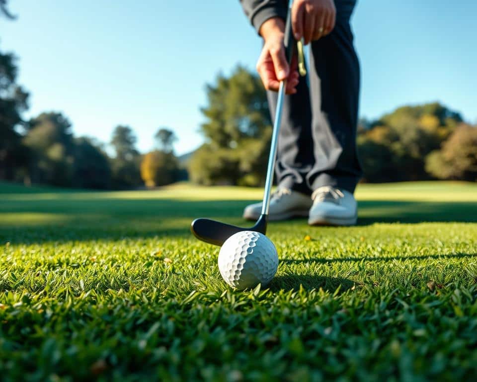 A serene putting green with pristine, emerald-hued grass, surrounded by lush foliage and a clear, azure sky. In the foreground, a golfer's hands delicately grip a putter, their eyes intently focused on the ball as they prepare to execute a perfect stroke. The lighting is natural and warm, casting gentle shadows and highlights that accentuate the textures of the scene. The camera angle is slightly elevated, providing a comprehensive view of the putting technique and the course's well-manicured layout. This image captures the essence of honing one's putting skills, inviting the viewer to immerse themselves in the tranquil and rewarding experience of golf.