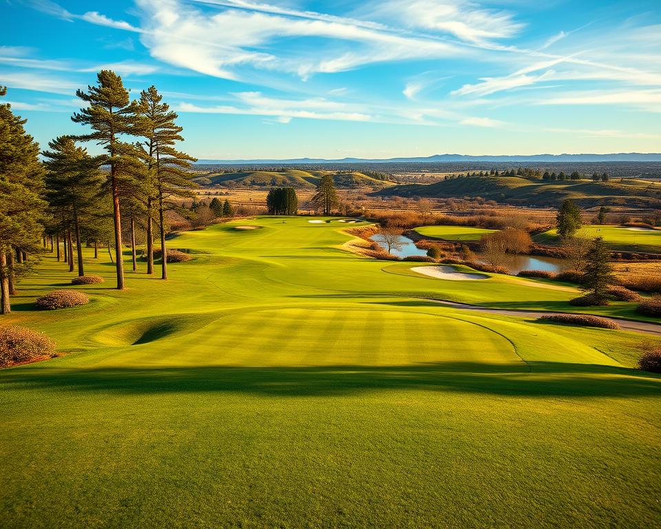 A sprawling 18-hole golf course layout with lush fairways, undulating greens, and strategically placed bunkers. In the foreground, a well-manicured tee box leads to a gently winding fairway, framed by towering pine trees and shrubs. The middle ground showcases the varied terrain, with rolling hills, water hazards, and a series of meticulously maintained putting surfaces. In the distance, the course unfolds, offering a sense of depth and scale, with the backdrop of a clear blue sky accented by wispy clouds. The scene is bathed in warm, natural lighting, capturing the picturesque and challenging nature of a classic 18-hole golf course layout.