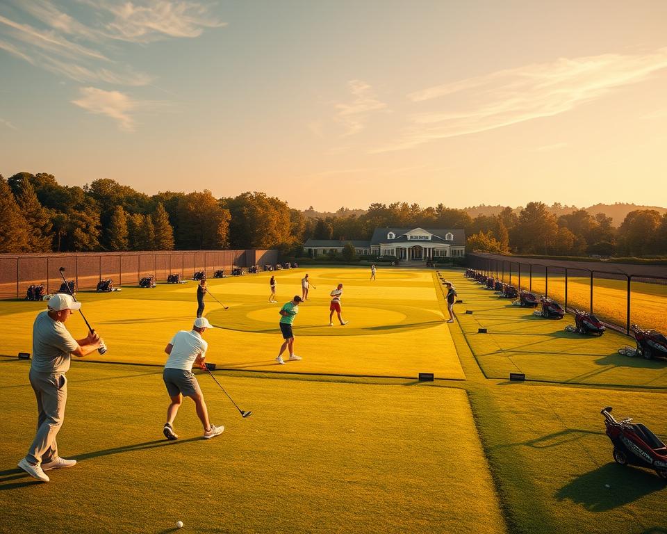 A sprawling driving range nestled in a lush, verdant landscape. Golfers of all skill levels practice their swings, their focus intense as they send balls soaring through the air. The warm, golden sunlight casts a soft glow, accentuating the vibrant hues of the meticulously manicured fairways and putting greens. The range is dotted with state-of-the-art hitting bays, their sleek, modern design blending seamlessly with the natural surroundings. In the distance, a picturesque clubhouse stands, its elegant architecture hinting at the exclusive experience this driving range offers. The scene radiates a sense of tranquility and dedication, inviting the viewer to imagine themselves honing their golf skills in this serene, yet dynamic environment.
