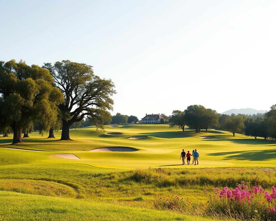 A tranquil 9-hole golf course nestled in a lush, verdant landscape. The fairways wind gracefully through rolling hills, dotted with vibrant wildflowers and towering oak trees that cast gentle shadows. Golfers stroll leisurely, taking in the serene atmosphere and enjoying the challenges of the par-3 and par-4 holes. The course is bathed in warm, natural light, creating a sense of calm and relaxation. In the distance, a picturesque clubhouse stands, inviting players to unwind after their round. The scene exudes the benefits of a compact, yet fulfilling 9-hole golfing experience.