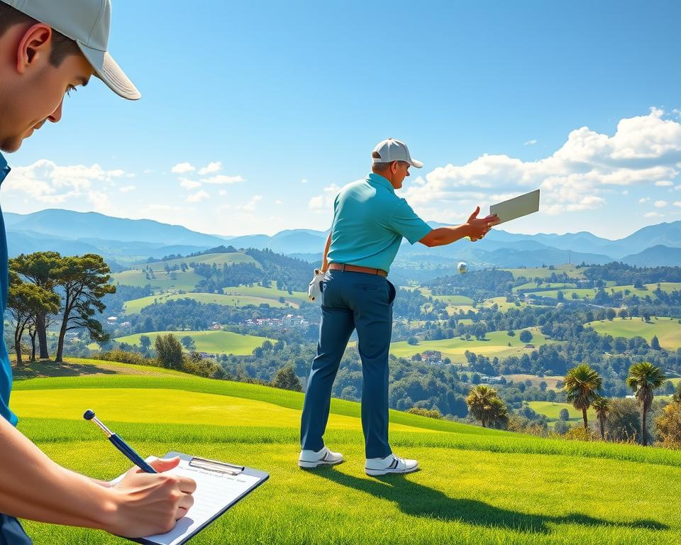 A vibrant and detailed illustration showcasing the contrasting scoring formats in golf - stroke play and match play. In the foreground, a golfer meticulously tracks their strokes on a scorecard, surrounded by a lush, verdant fairway. In the middle ground, two golfers shake hands, signifying the sportsmanship of match play. The background features a panoramic view of a picturesque golf course, with rolling hills, towering trees, and a clear blue sky. The lighting is natural and warm, capturing the tranquility of the sport. The image conveys the strategic depth and social aspects of the different scoring systems in golf, an essential element for any newcomer to the game.