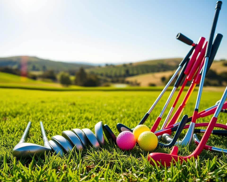 A vibrant and engaging image of golf equipment for kids, captured in a natural, well-lit setting. In the foreground, a colorful array of junior golf clubs, including drivers, irons, and putters, arranged neatly on a lush, green grass surface. In the middle ground, a set of golf balls in various hues, such as neon yellow and pink, contrast against the verdant backdrop. In the background, a gentle, sun-dappled landscape with rolling hills and a clear, blue sky, creating a serene and inviting atmosphere. The overall composition is dynamic and visually appealing, capturing the excitement and accessibility of golf for young beginners.