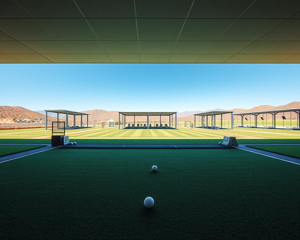 A well-lit, expansive practice driving range, captured with a wide-angle DSLR lens. The foreground features a meticulously manicured fairway, with neatly arranged golf balls ready for practice swings. In the middle ground, a row of covered hitting bays provide shelter and privacy for golfers honing their technique. The background showcases a panoramic view of the range, dotted with target greens and framed by gently rolling hills and a clear, azure sky. The scene exudes a sense of focused tranquility, perfect for the diligent golfer seeking to refine their swing.