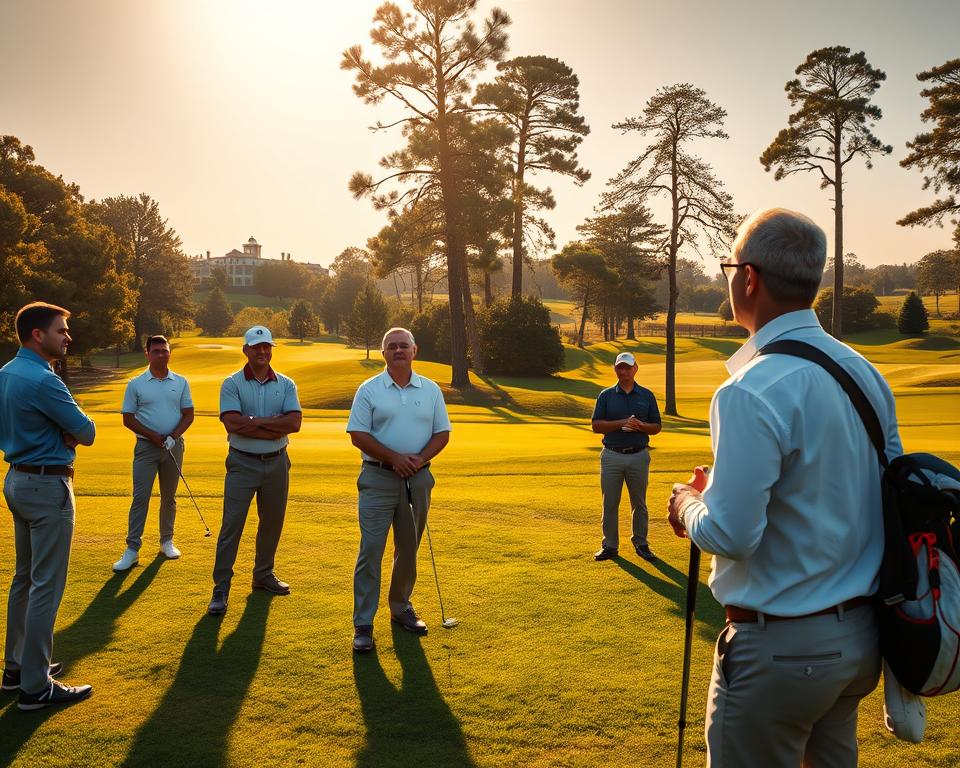 A well-manicured golf course under a warm, golden afternoon sun. In the foreground, a group of new golfers dressed in crisp, collared shirts and khakis, standing attentively as an experienced player demonstrates proper etiquette - how to replace divots, repair ball marks on the green, and avoid disrupting other players. In the middle ground, other golfers patiently waiting their turn, bags slung over their shoulders. The background features lush fairways winding through tall, swaying trees, with the distant clubhouse peeking out. The scene conveys a sense of tranquility, respect for the game, and a welcoming environment for those new to the sport.