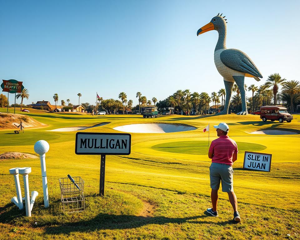 A whimsical golf course, where the fairways are lined with comical hazards and quirky obstacles. In the foreground, a golfer chuckles at a "Mulligan" sign, nestled between oversized golf tees and a "Slice of Pie" water trap. The middle ground showcases a "Shank Redemption" bunker and a "Hole in Juan" putting green, all bathed in warm, natural lighting. In the background, a towering "Albatross" sculpture casts a playful shadow over the scene, hinting at the humorous golf terminology that pervades this vibrant, lighthearted landscape.