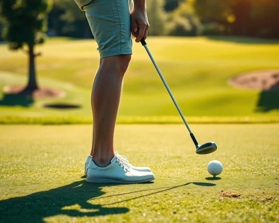 An ultra-realistic, 4K-detailed photo in natural lighting showcasing the weight distribution during a golf swing. In the foreground, a golfer's feet firmly planted, the weight evenly distributed between the left and right sides. The mid-ground reveals the golfer's body, with the hips and shoulders rotating in perfect harmony, the torso slightly tilted to the right. In the background, a lush, verdant golf course provides a serene backdrop, the sun's rays casting a warm, natural glow over the scene.