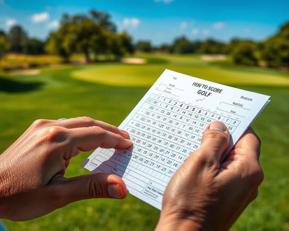 An ultra-realistic photo in natural lighting, 4k detail, showing a golfer's hands meticulously counting the strokes on a golf scorecard. The image captures the foreground of the golfer's hands, the middle ground of the scorecard with neatly marked numbers, and the background of a lush green golf course with a clear blue sky. The scene conveys the focus and attention to detail required to accurately keep score in the game of golf, perfectly illustrating the "How to Score in Golf" section of the article.