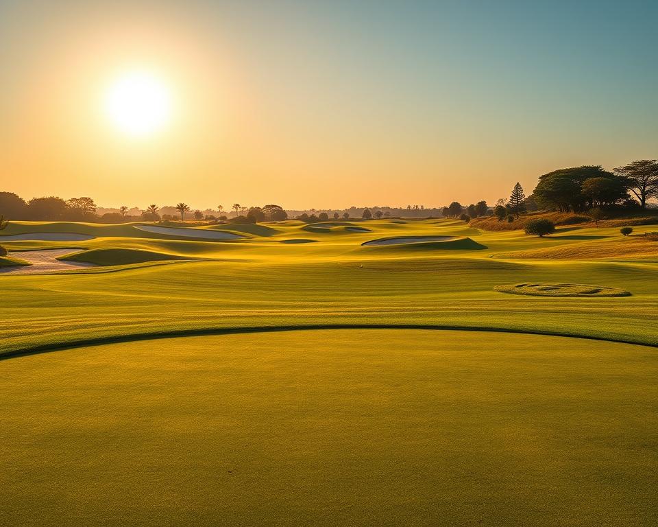 Vast, well-manicured golf course stretching out under a warm, golden sun. In the foreground, a pristine putting green with subtle undulations, inviting players to test their precision. The middle ground features rolling fairways lined with neatly trimmed bermuda grass, gently guiding the eye towards the distant horizon. Strategically placed bunkers and water hazards add challenges, while stately trees and lush vegetation frame the scene, creating a peaceful, natural atmosphere. Ultra-realistic, 4K detail captures every blade of grass, the subtle textures of the sand, and the clarity of the sky, immersing the viewer in the tranquil serenity of this quintessential golf course setting.