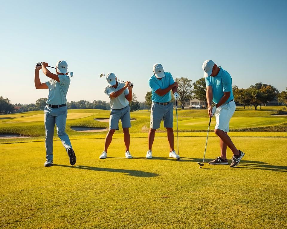 a realistic, high-quality photograph of a golf course on a sunny day, with a golfer in the foreground performing a variety of basic golf shots, including a driver swing, a mid-iron shot, a chipping motion, and a putting stroke. The golfer is wearing typical golf attire and the shots are captured from multiple angles, showcasing the proper form and technique for each type of shot. The background features lush green fairways, sand traps, and a well-manicured putting green, all bathed in natural, warm lighting that creates a pleasant, inviting atmosphere. The overall scene is crisp, detailed, and visually engaging, effectively illustrating the basic golf shots that every young golfer should master.