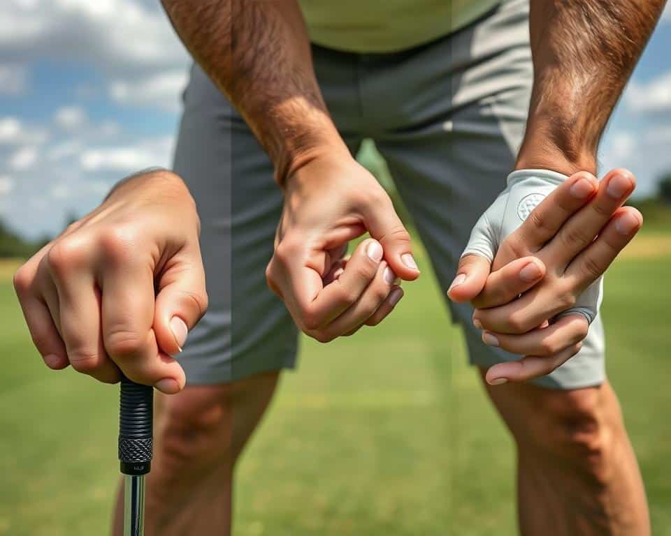 ultra realistic photo in natural lighting, 4k detail, a closeup view of a golfer's hands demonstrating different golf grip types, showing a standard grip, a interlocking grip, and a overlapping grip, with the fingers and palms of the hands clearly visible, showcasing the proper hand positioning and alignment for each grip, the golfer's hands are holding a golf club with a neutral, strong, and weak grip, the background is a lush green golf course with the sky visible in the distance, creating a serene and calming atmosphere.
