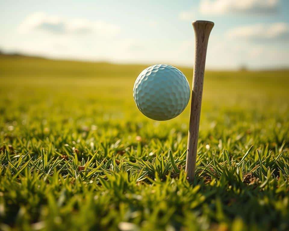 A golf ball tumbling off a tee, captured in mid-air against a backdrop of lush green grass and a bright, cloudless sky. The ball spins gracefully, its dimpled surface catching the warm, directional sunlight, casting delicate shadows on the ground below. The tee stands tall and proud, its wooden structure slightly weathered, providing a sturdy yet unassuming platform for the ball's dramatic departure. The scene is tranquil, with a sense of motion and anticipation, inviting the viewer to witness the unfolding moment of the ball's unexpected flight.