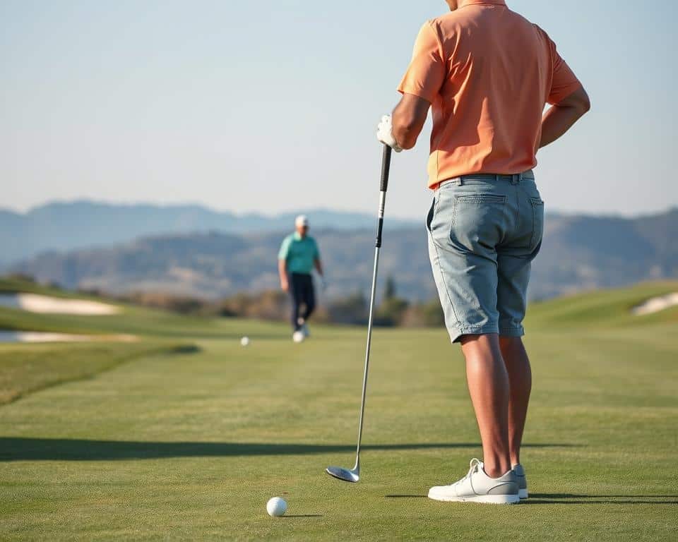 A golf course fairway stretches out, dotted with lush green grass and a few sand traps. In the foreground, a golfer in casual attire stands in a relaxed, focused stance, club gripped firmly in hand. The lighting is natural, with soft shadows and highlights that accentuate the golfer's form. In the middle ground, another golfer walks calmly down the fairway, maintaining a steady pace. The background features a picturesque vista of rolling hills and a clear, blue sky, creating a serene and tranquil atmosphere. The overall scene conveys a sense of pacing, strategy, and the joy of the game.