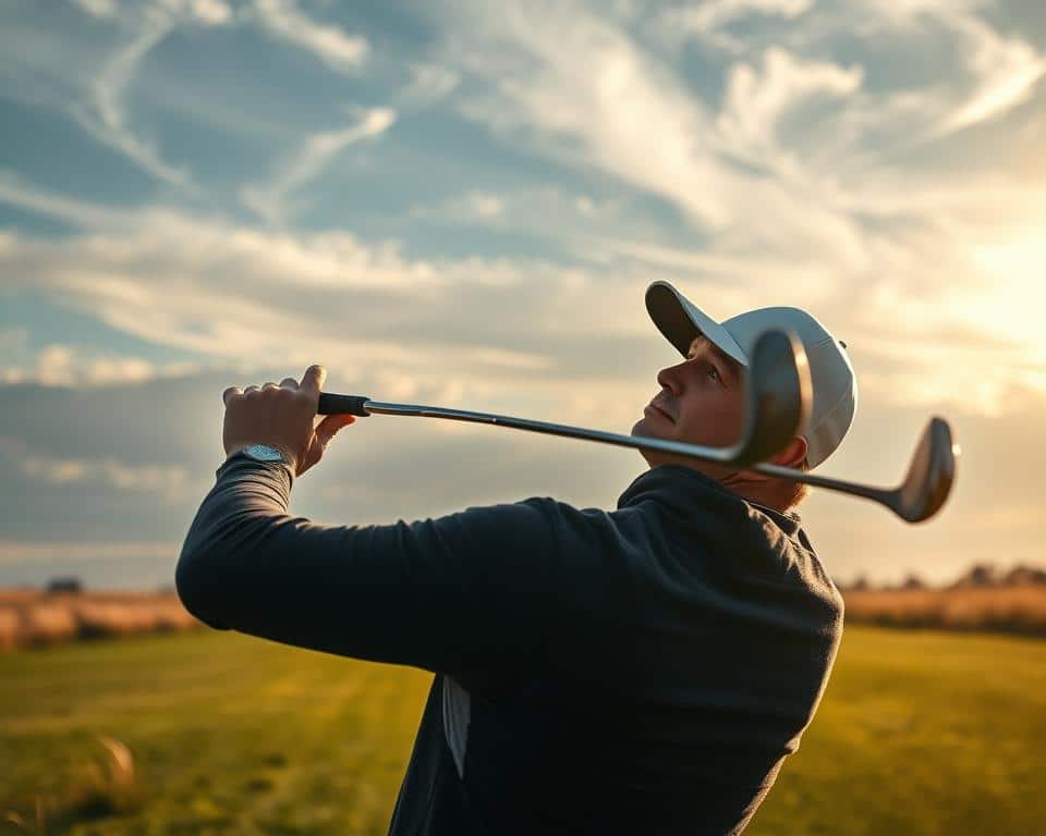 A golfer contemplates their club selection, poised to address a tee shot in a gusty wind. The fairway stretches out, swaying grasses hinting at the unseen force. Sunlight filters through wispy clouds, casting a warm, natural light across the scene. The golfer's expression is one of focused deliberation, weighing factors like ball trajectory, club loft, and wind speed to make the optimal choice. The clubhead hovers, ready to deliver a measured, controlled swing that will cut through the breeze. This moment of decision-making encapsulates the strategic challenge of playing golf in windy conditions.