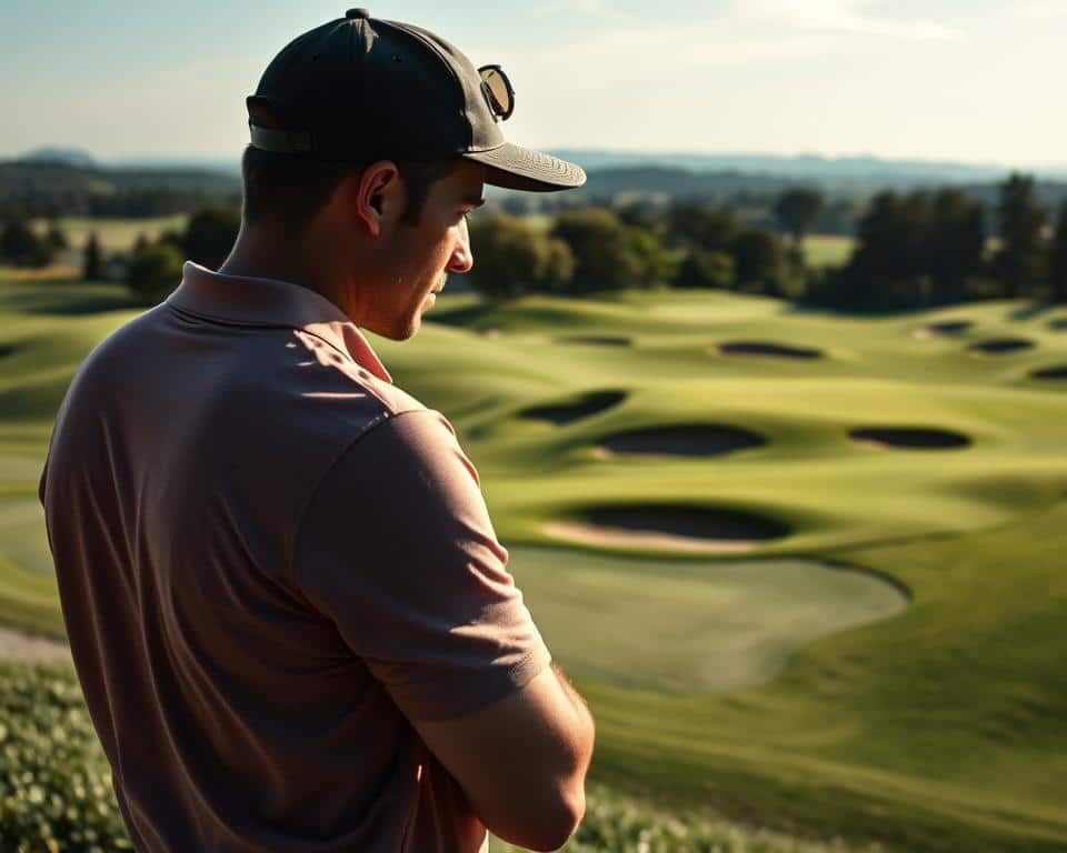 A golfer intently studying the contours and features of a lush, undulating golf course, their gaze focused and analytical. The scene is captured with a wide-angle lens, providing a sweeping, panoramic view that showcases the course's intricate details - the subtle slopes, the strategic bunkers, the winding fairways. Soft, diffused natural lighting bathes the scene, casting gentle shadows and highlights that accentuate the textures and depth of the landscape. The golfer is positioned in the foreground, their body language and expression conveying a sense of deep contemplation as they plan their next move, mindful of the course's challenges and opportunities. The background features a serene, picturesque setting, with distant trees and rolling hills creating a sense of depth and tranquility.