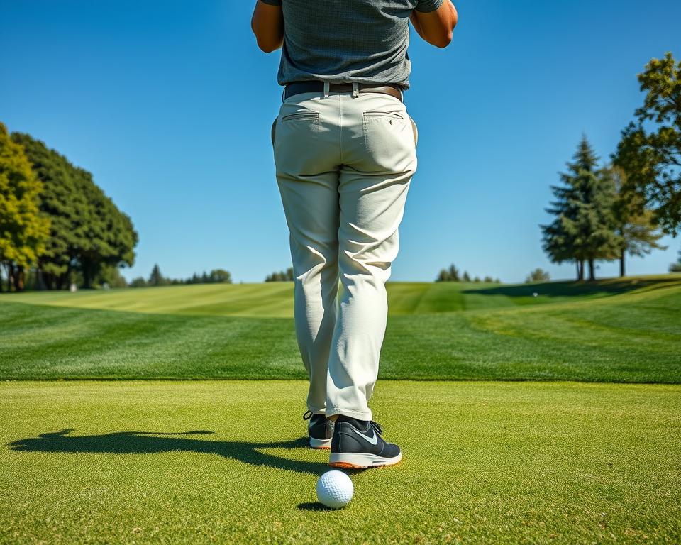 A golfer standing in a textbook stance, weight evenly distributed, knees slightly bent, back straight, and head down, focusing intently on the ball. The golfer's stance is tailored to the club in hand, with the driver stance wider and more upright, and the iron stance narrower and more bent. The scene is set in a neatly manicured golf course, with lush green fairways and a clear blue sky in the background, providing a picturesque setting for the golfer's focused and deliberate stance.