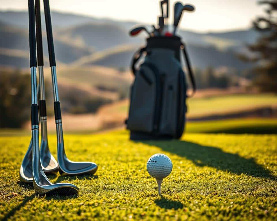 A neatly arranged display of essential golf equipment on a lush green fairway, illuminated by warm, natural lighting. In the foreground, a set of quality golf clubs, meticulously polished, stand upright, their shafts casting long shadows. Beside them, a pristine golf ball rests atop a tee, ready for the perfect swing. In the middle ground, a sleek golf bag, its pockets bulging with golf balls, tees, and other necessary accessories. In the background, a serene landscape unfolds, with rolling hills, swaying trees, and a glimpse of the manicured putting green, inviting the golfer to tee off and enjoy the tranquil setting.