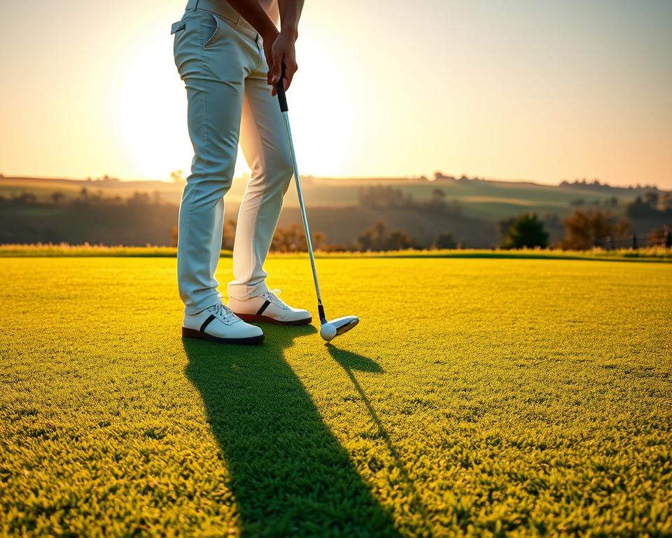 A neatly manicured Bentgrass fairway, lush and verdant, under the warm glow of a golden hour sun. A golfer, clad in crisp white attire, stands over a ball, their club poised with precision. The fairway stretches out before them, inviting a delicate approach shot. In the background, a serene landscape of rolling hills and distant trees frames the scene, creating a sense of tranquility. The image conveys the nuances of playing on Bentgrass, where a light touch and careful control are essential for navigating the smooth, fast-paced surface.