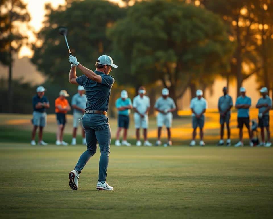 A serene golf course at golden hour, with a golfer standing in the foreground, carefully executing a series of dynamic warm-up stretches and exercises. The scene exudes a sense of focus and intentionality, with the golfer's movements flowing gracefully, avoiding any strained or awkward postures. In the middle ground, a group of golfers observe, taking notes and mimicking the proper techniques. The background is softly blurred, emphasizing the importance of the warm-up routine. The lighting is warm and natural, accentuating the golfer's form and creating a calming, contemplative atmosphere. The overall composition conveys the importance of a well-executed warm-up to avoid injuries and optimize performance on the golf course.