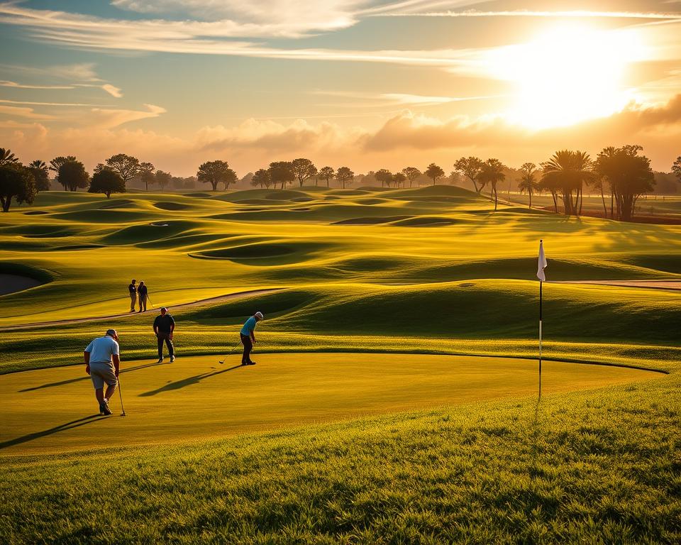 A serene golf course landscape, with a well-manicured fairway winding through lush, verdant grass. In the foreground, a group of golfers carefully navigating the course, showcasing proper etiquette - from repairing divots, to raking bunkers, to replacing flagsticks with care. The mid-ground features clear signage and directional markers, guiding players through the layout. Warm, golden sunlight filters through wispy clouds, casting a tranquil, contemplative atmosphere. The scene is captured with a wide-angle lens, emphasizing the harmonious integration of the golfers' actions and the course's design, conveying the essence of golf etiquette and course navigation.